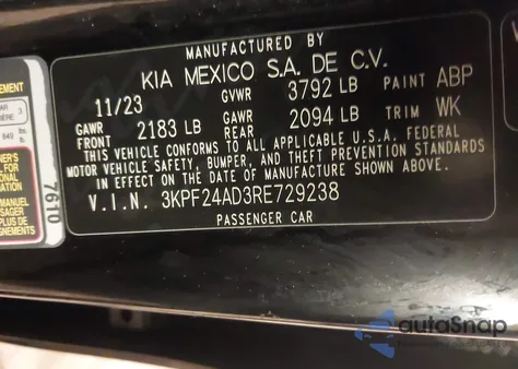 2024 Kia Forte Lxs из США, поврежденный, VIN 3KPF24AD3RE729238